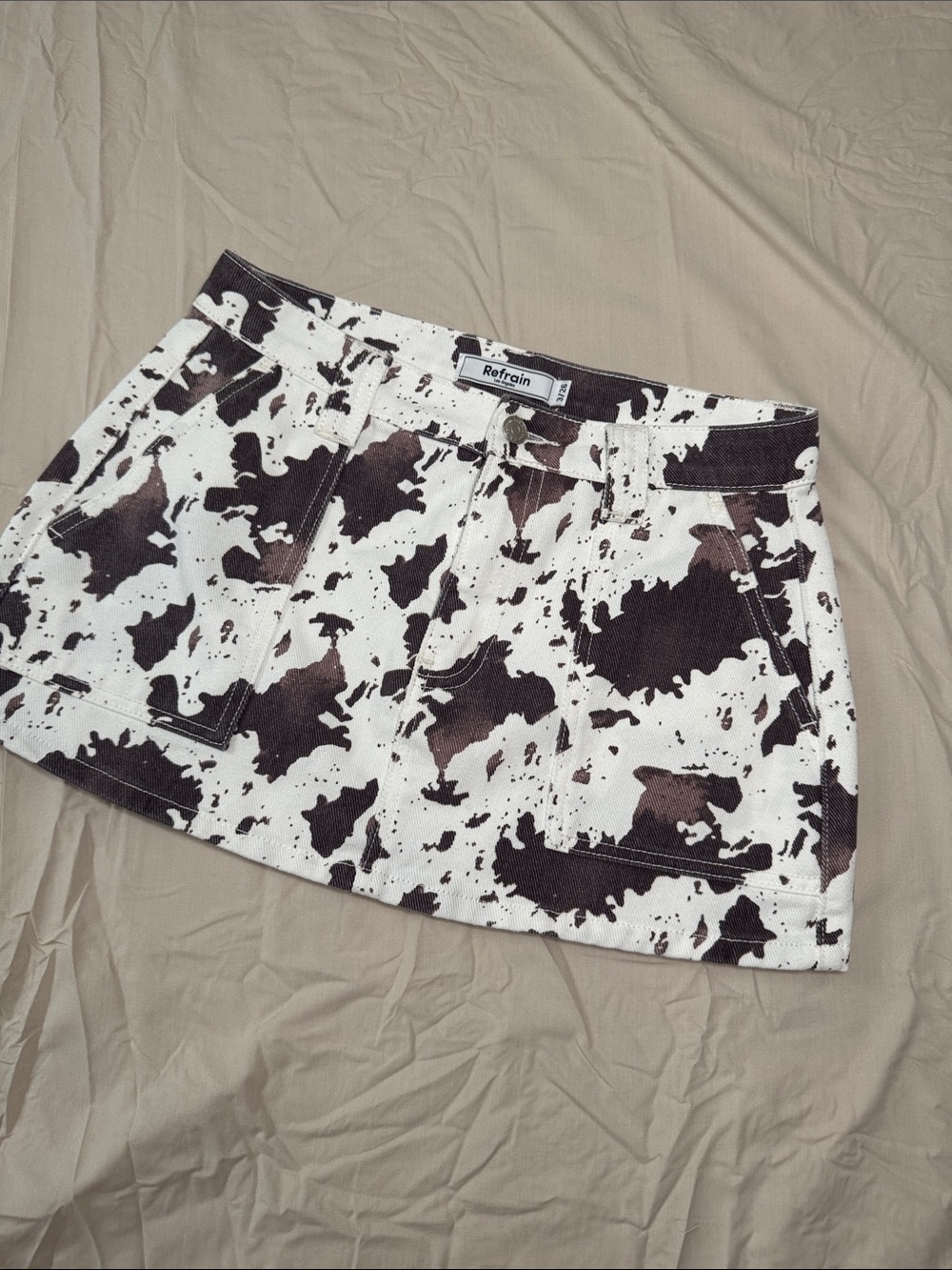 Refrain Brown & White Cowprint Denim Mini Skirt